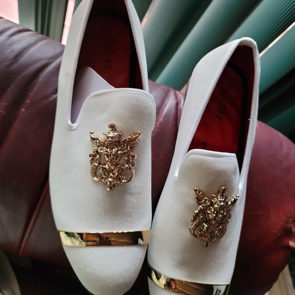 Off white crushed velvet material with gold trim